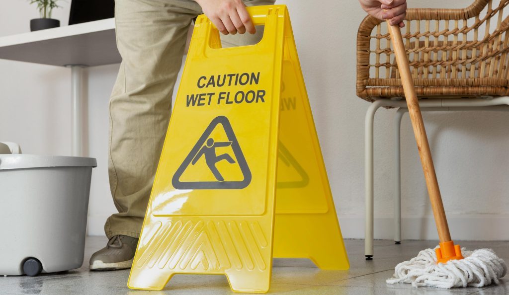 cleaning washroom wet floor sign board